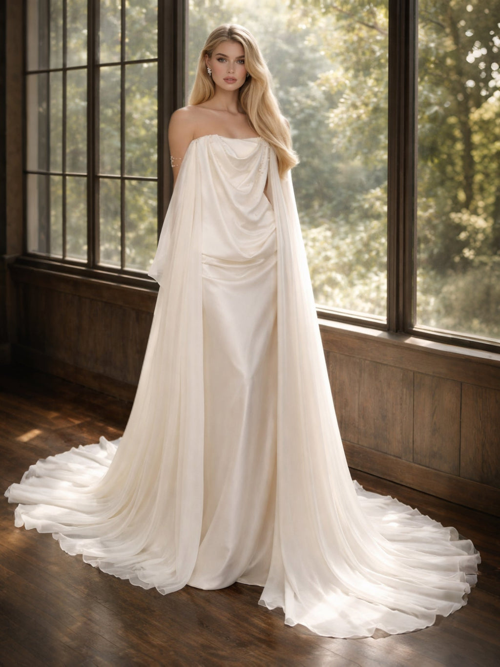 Strapless Draped Satin Cape Ivory Mermaid Wedding Gown (In stock)