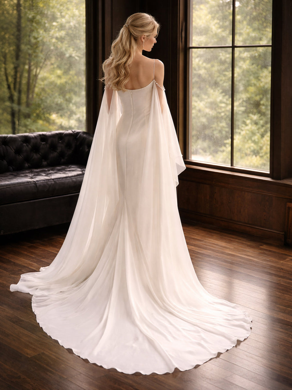 Strapless Draped Satin Cape Ivory Mermaid Wedding Gown (In stock)