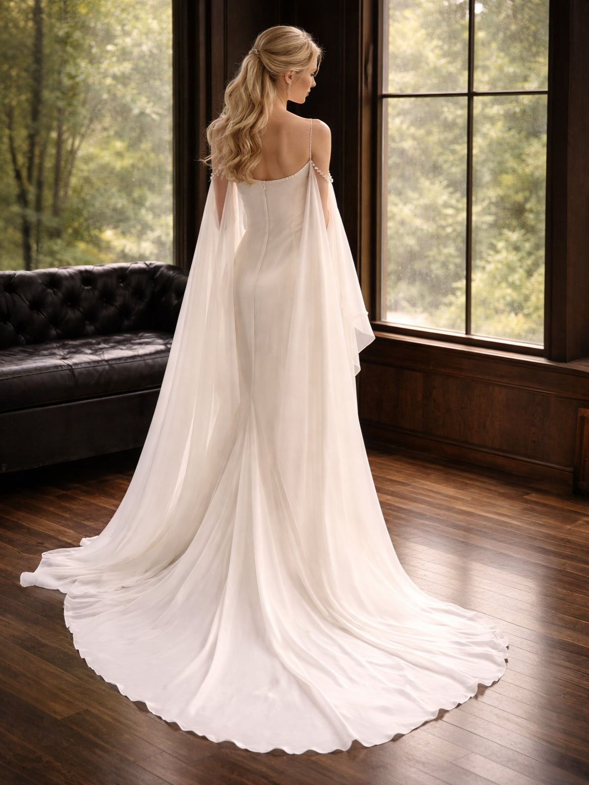 Strapless Draped Satin Cape Ivory Mermaid Wedding Gown (In stock)
