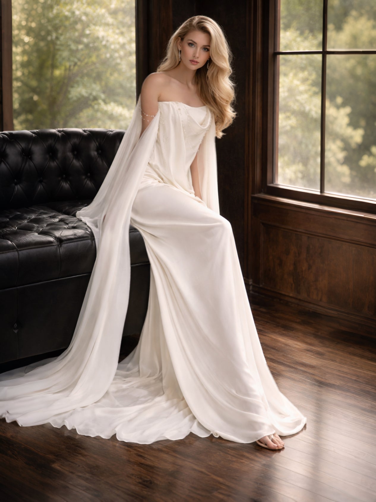 Strapless Draped Satin Cape Ivory Mermaid Wedding Gown