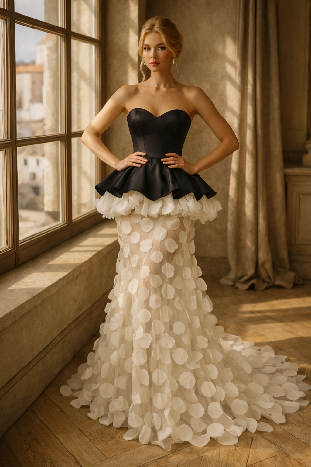 Istanbul Nights Peplum Mermaid Black Ivory Gown (In stock)