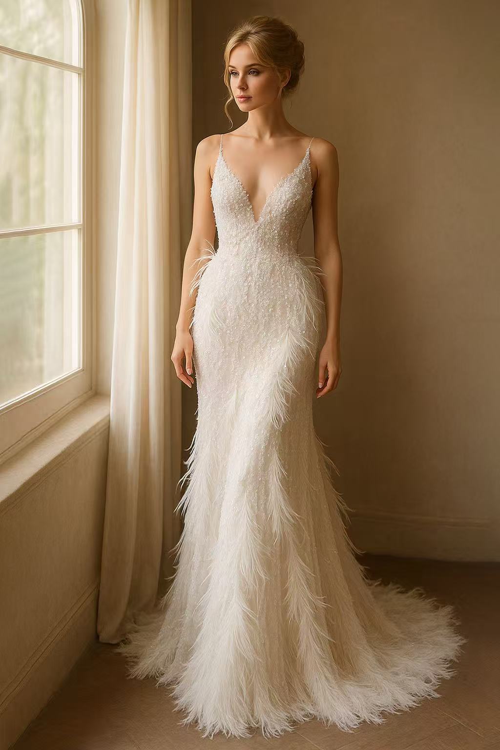 Ivory Bridal Couture Feather Beaded Spaghetti Strap Gown