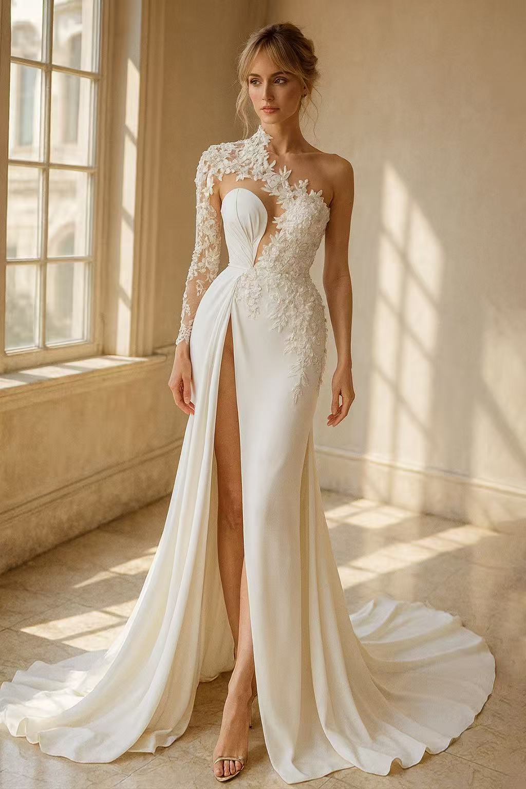 Ivory Bridal Couture One-Shoulder Satin Lace Gown
