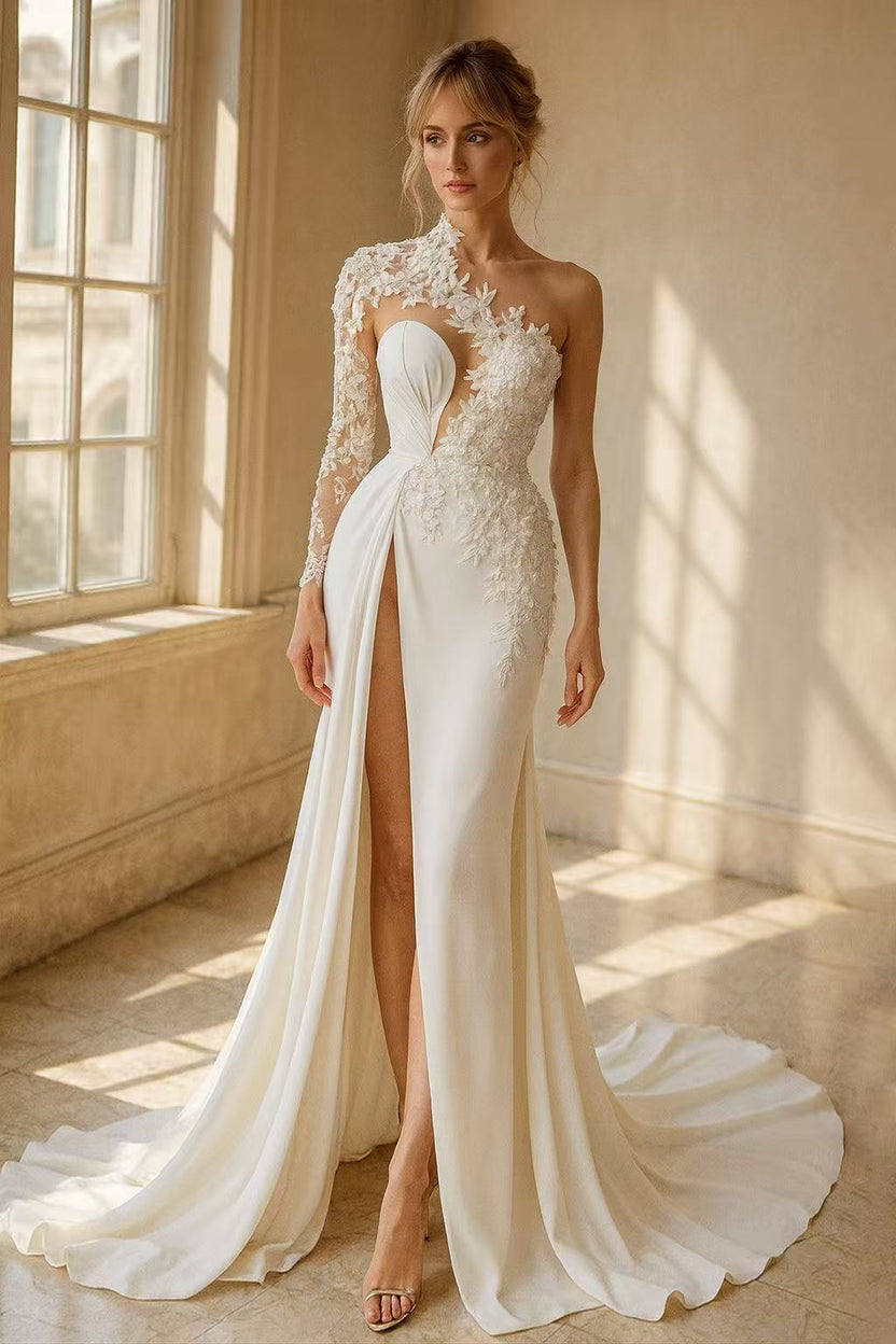 Ivory one-shoulder satin lace gown by muselula — front view