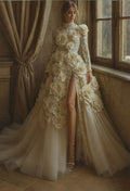 Ivory Bridal Couture High-Neck 3D Rose Lace Gown
