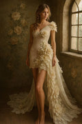 Champagne Bridal Couture Asymmetric 3D Rose Lace Mini Gown with Train