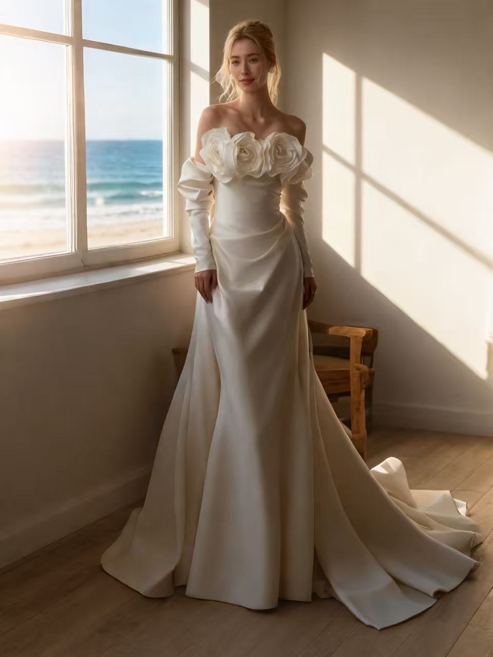Ivory Bridal Couture Off-Shoulder Satin 3D Rose Gown