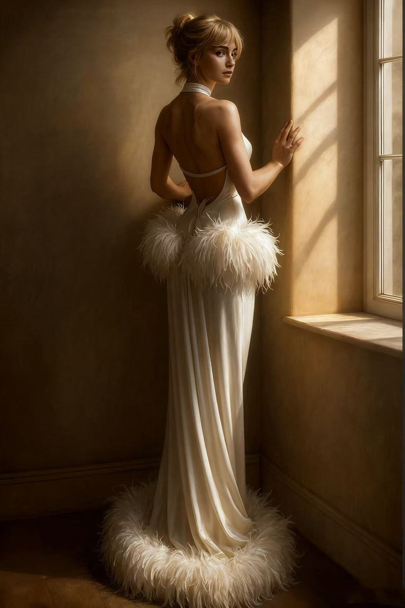 Ivory halter backless satin feather gown by muselula — front view