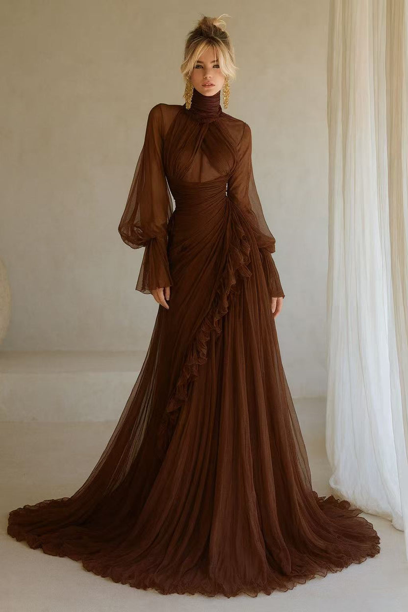 Chocolate brown Midnight Garden gown by muselula — front view