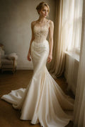 Champagne Bridal Couture One-Shoulder Pearl Fringe Satin Mermaid Gown