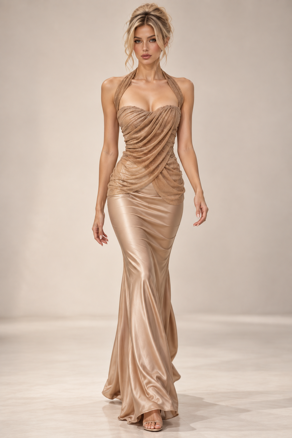 Champagne Halter Ruched Satin Mermaid Gown (In stock)