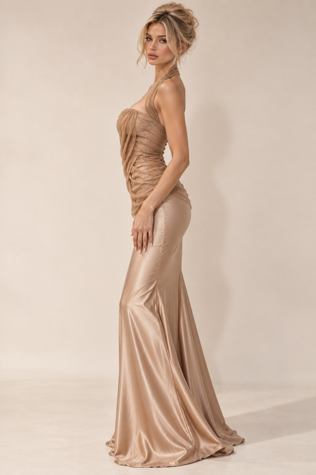 Champagne Halter Ruched Satin Mermaid Gown (In stock)