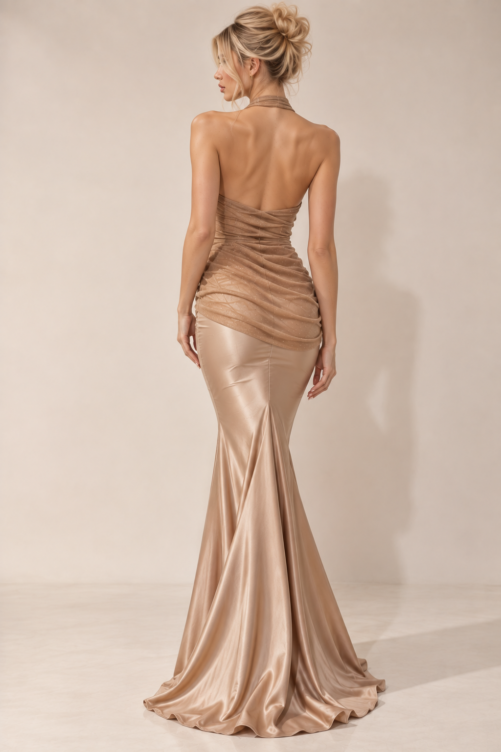 Champagne Halter Ruched Satin Mermaid Gown (In stock)