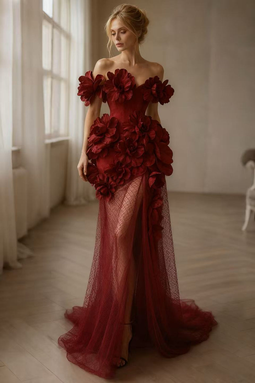 Burgundy off-shoulder 3D floral tulle gown by muselula — front view