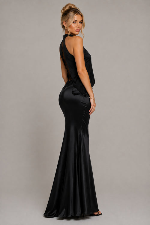 Black Halter Lace Satin Backless Mermaid Gown (In stock)