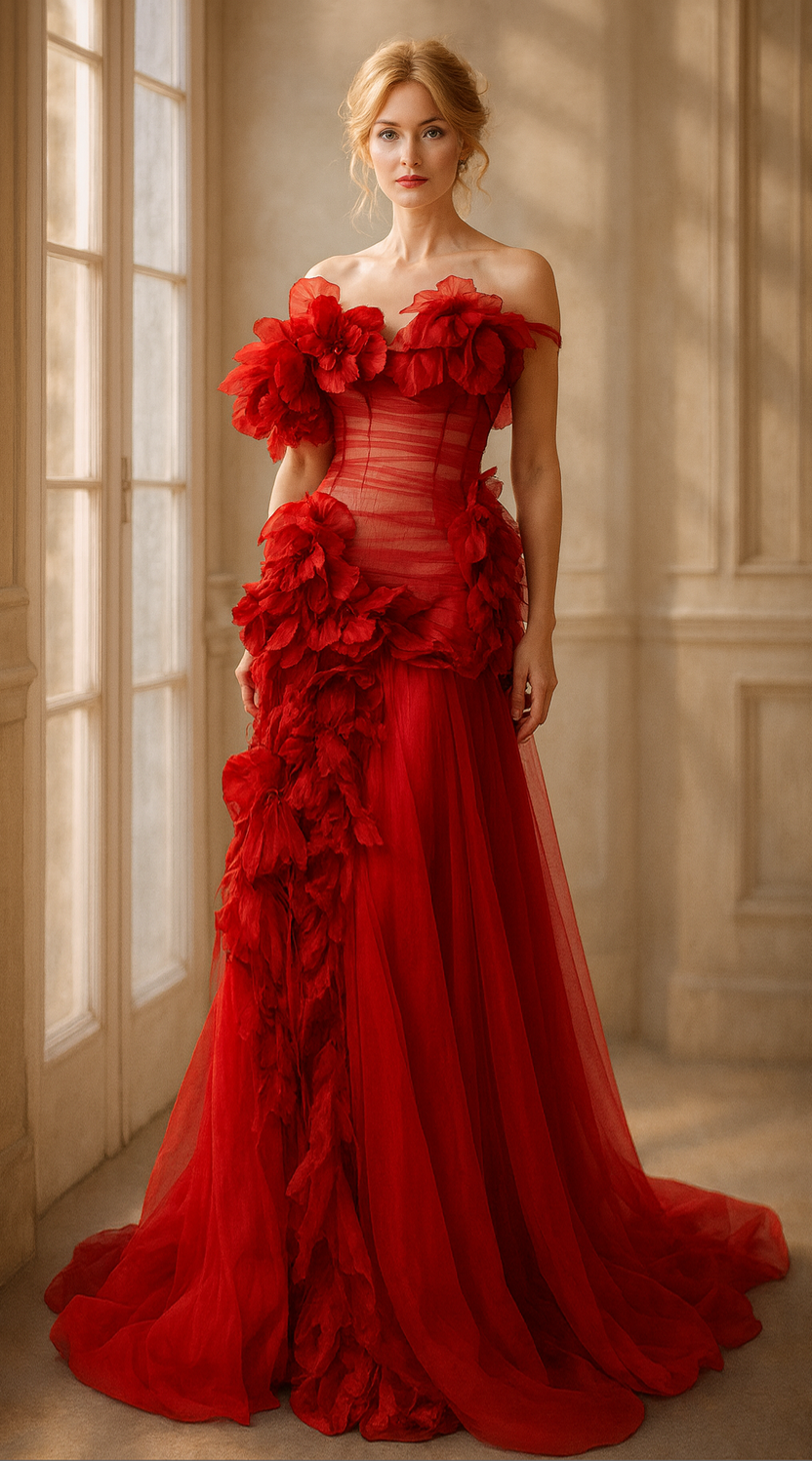 Crimson off-shoulder 3D floral tulle corset gown by muselula — front view