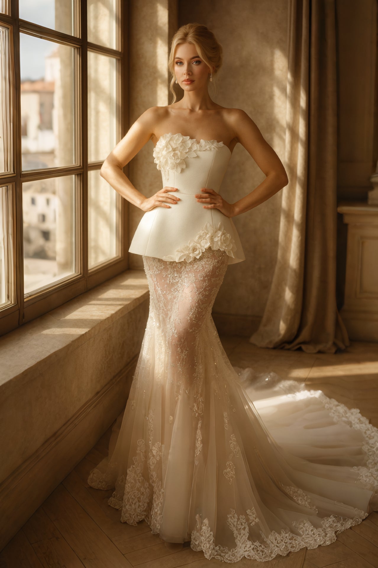 Ivory Bridal Couture Strapless Peplum 3D Floral Sheer Lace Gown