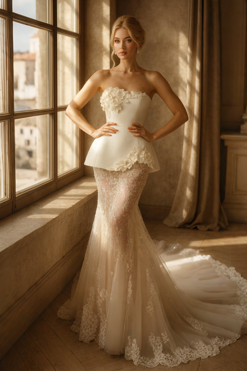 Ivory strapless peplum 3D floral sheer lace gown by muselula — front view