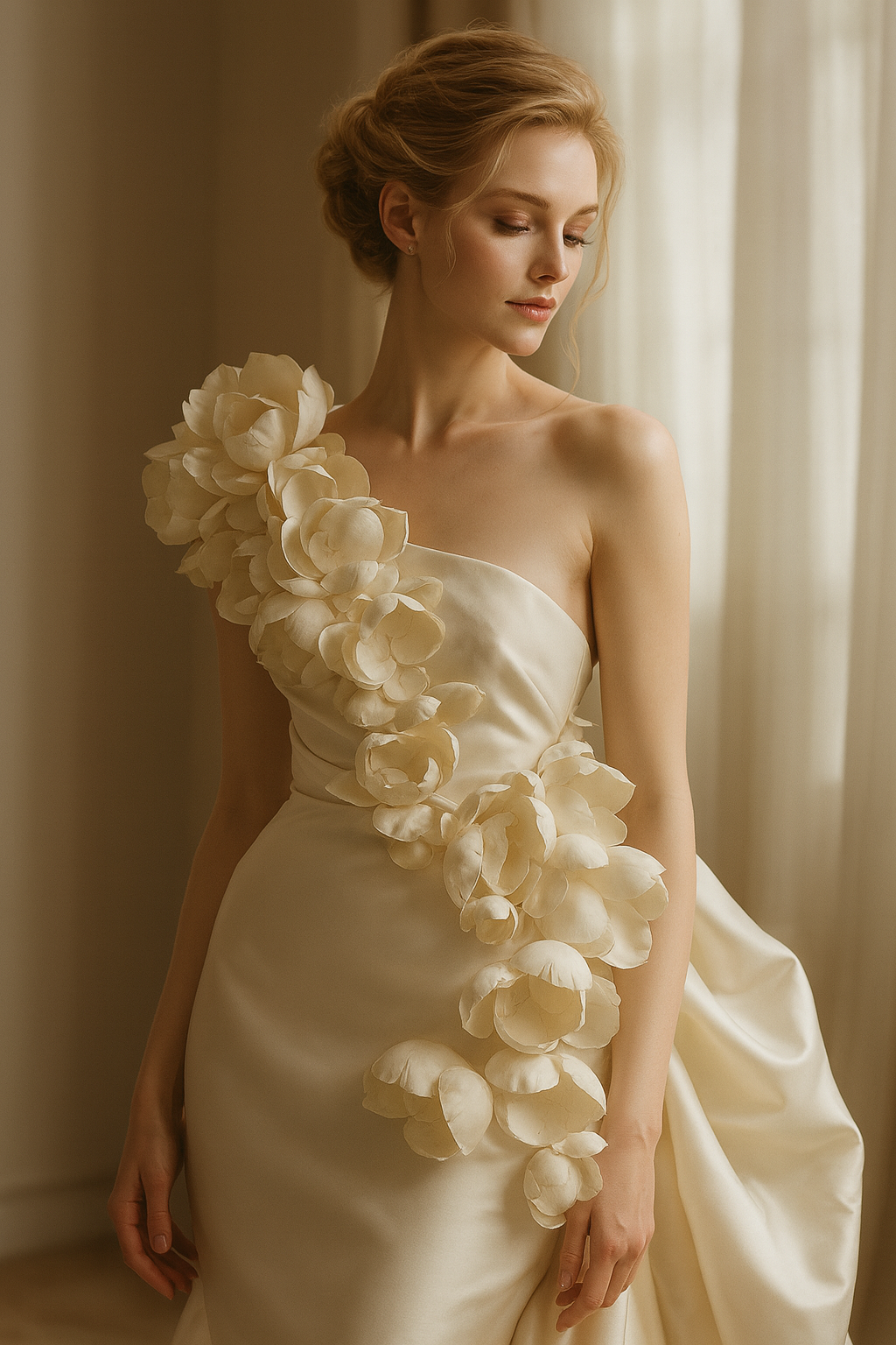 Ivory Bridal Couture One-Shoulder 3D Floral Satin Mermaid Gown