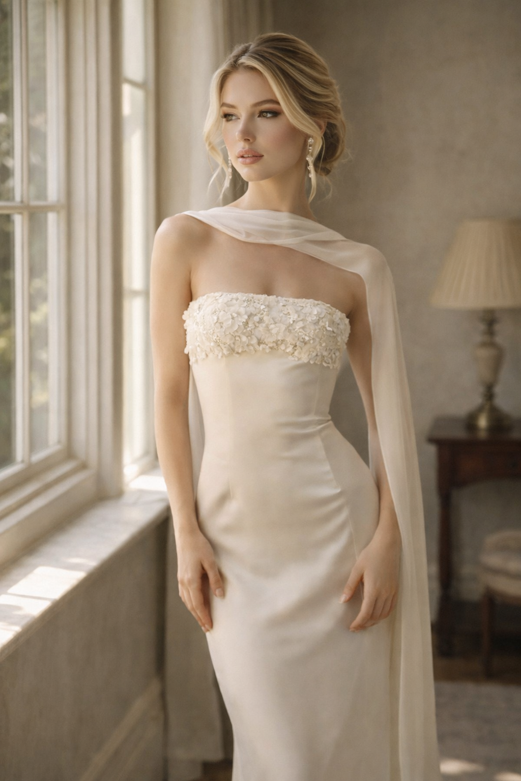 Bosphorus Light Strapless Cape Mermaid Ivory Wedding Gown (In stock)