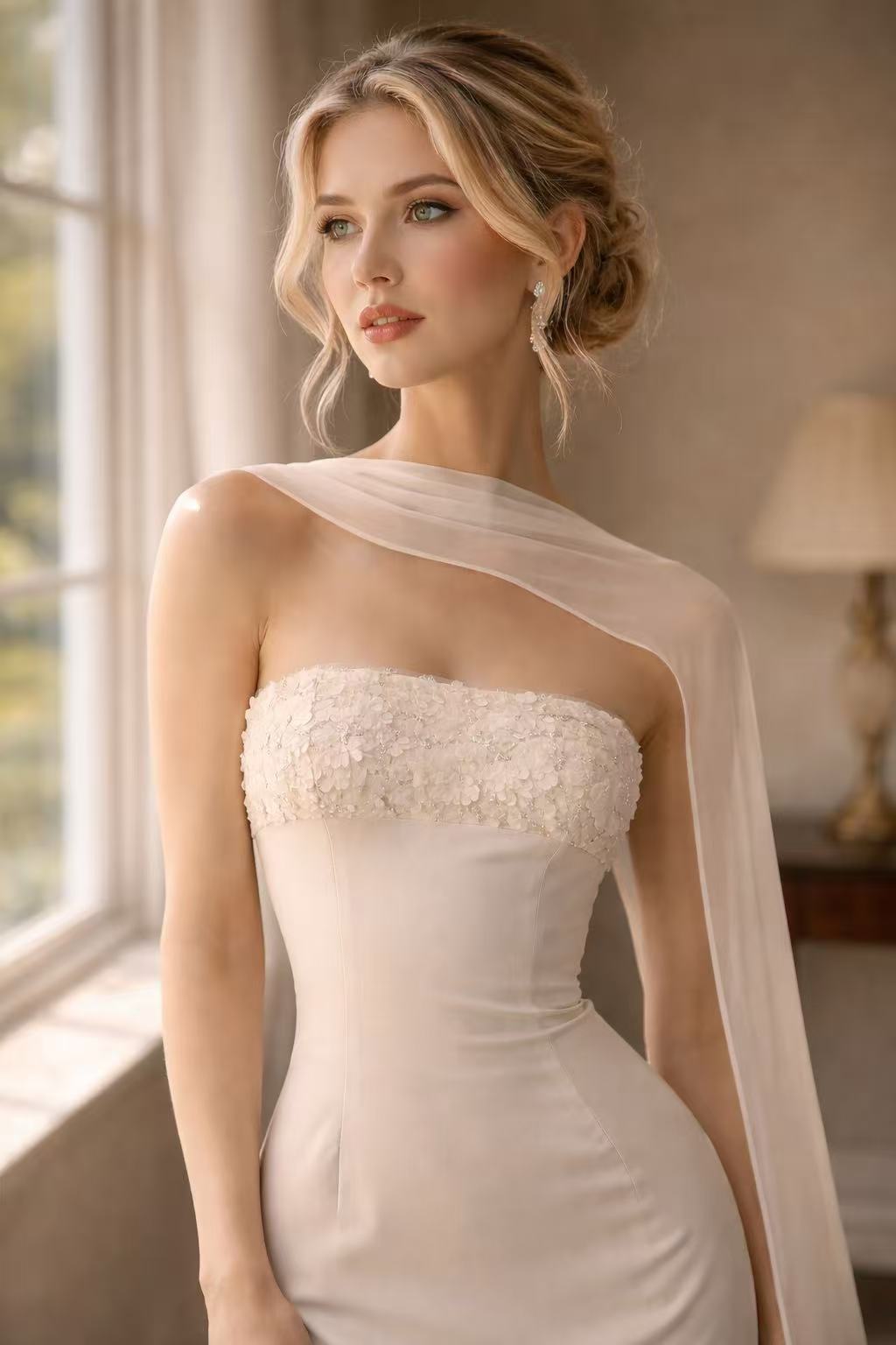 Bosphorus Light Strapless Cape Mermaid Ivory Wedding Gown (In stock)