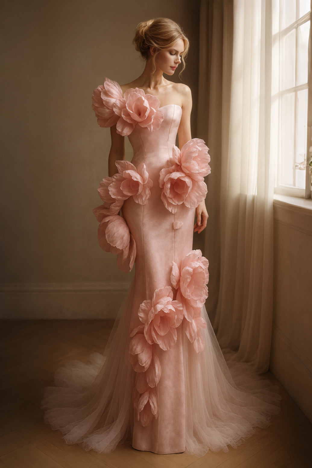 Blush Atelier Classics One-Shoulder 3D Floral Tulle Mermaid Gown