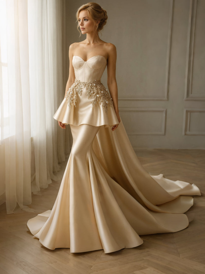 Champagne strapless peplum beaded satin mermaid gown by muselula — front view