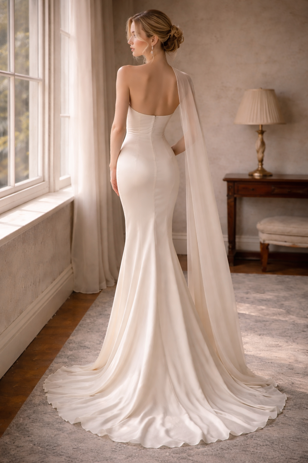 One-Shoulder Cape Low Back Ivory Mermaid Wedding Gown (In stock)