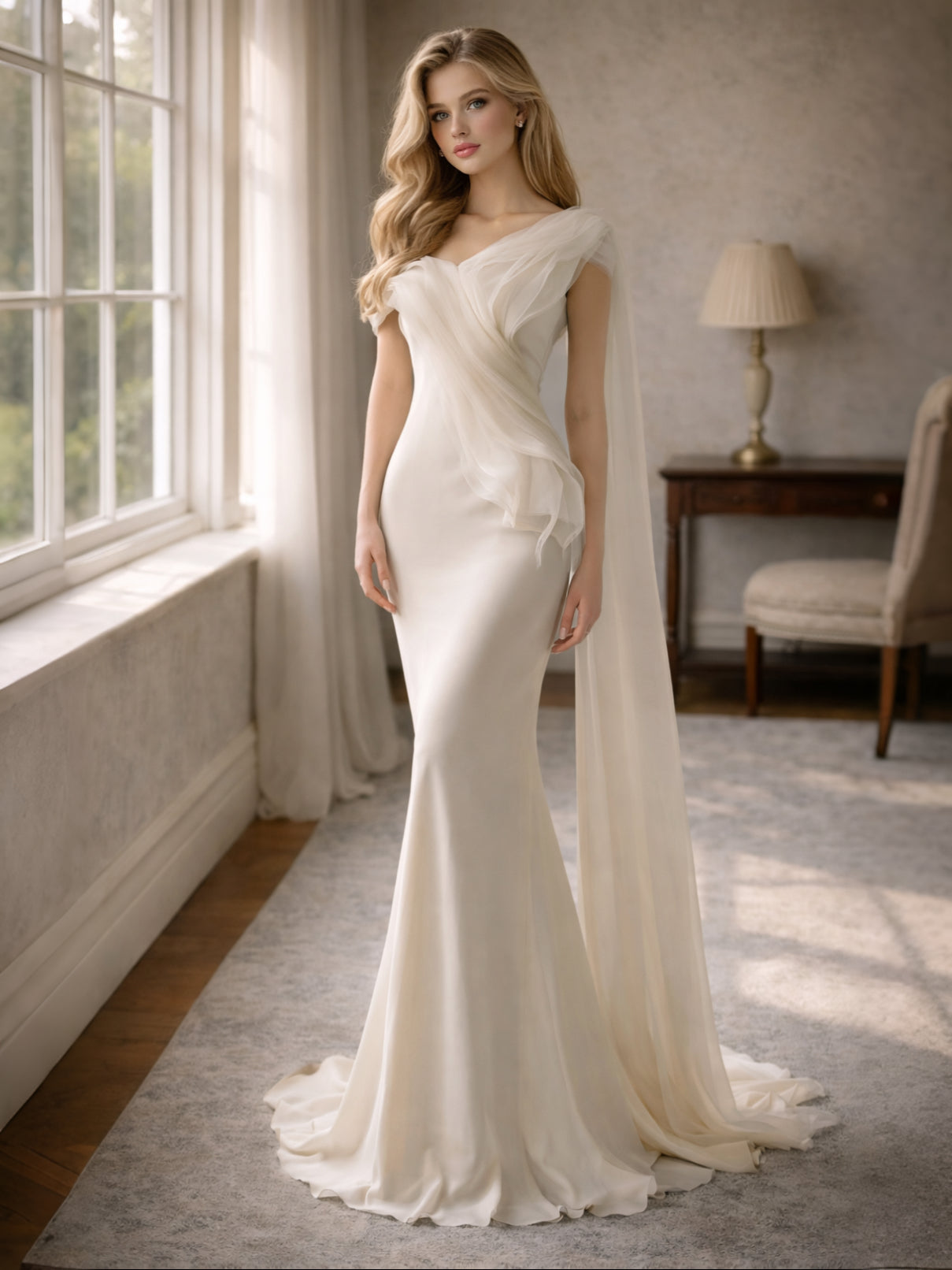 One-Shoulder Cape Low Back Ivory Mermaid Wedding Gown (In stock)