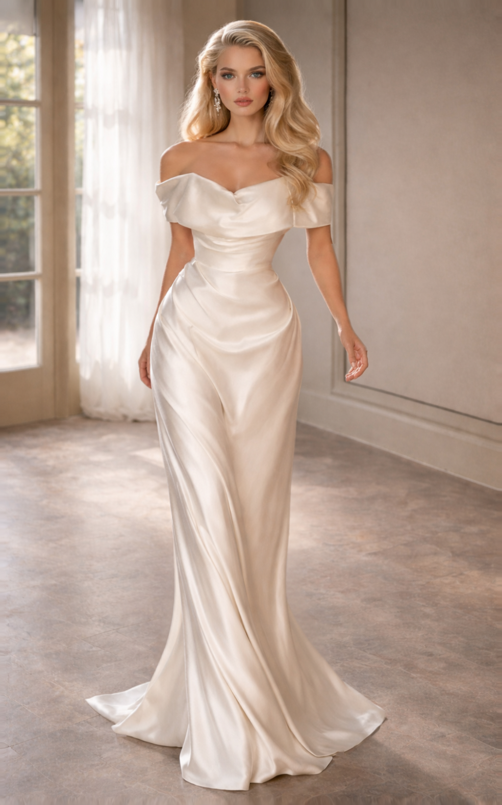 Off-the-Shoulder Draped Satin Ivory Wedding Gown (In stock)