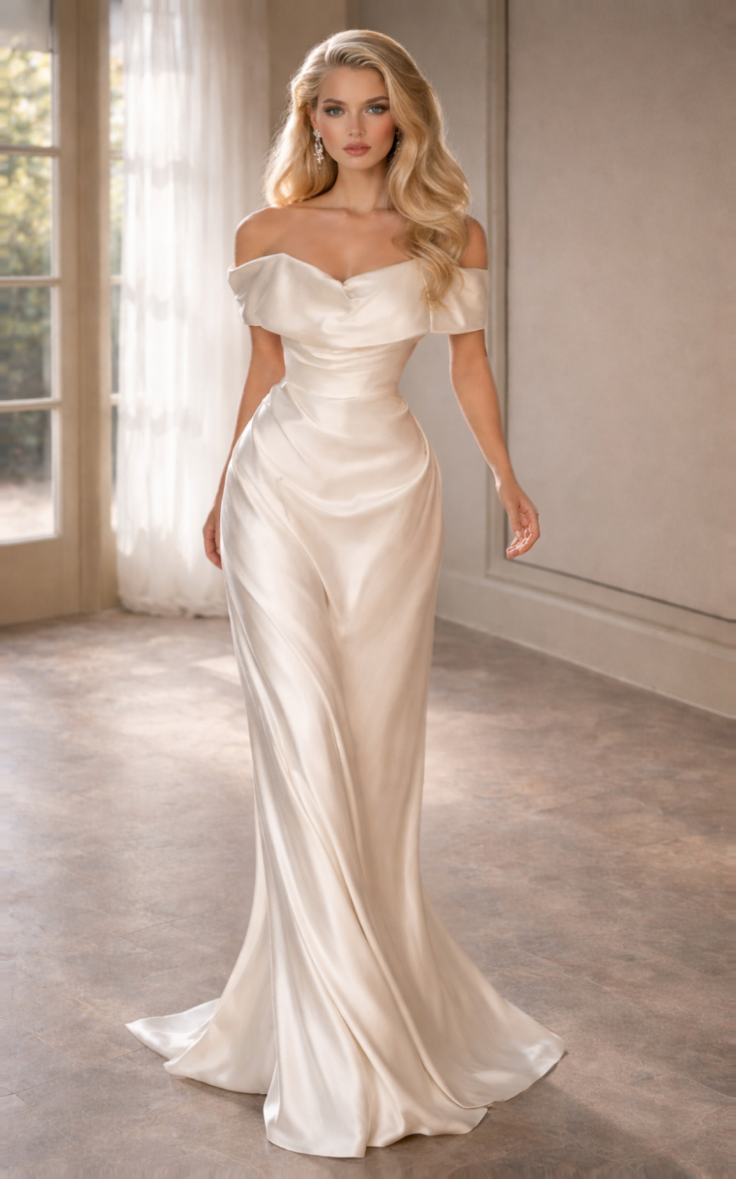 Off-the-Shoulder Draped Satin Ivory Wedding Gown (In stock)