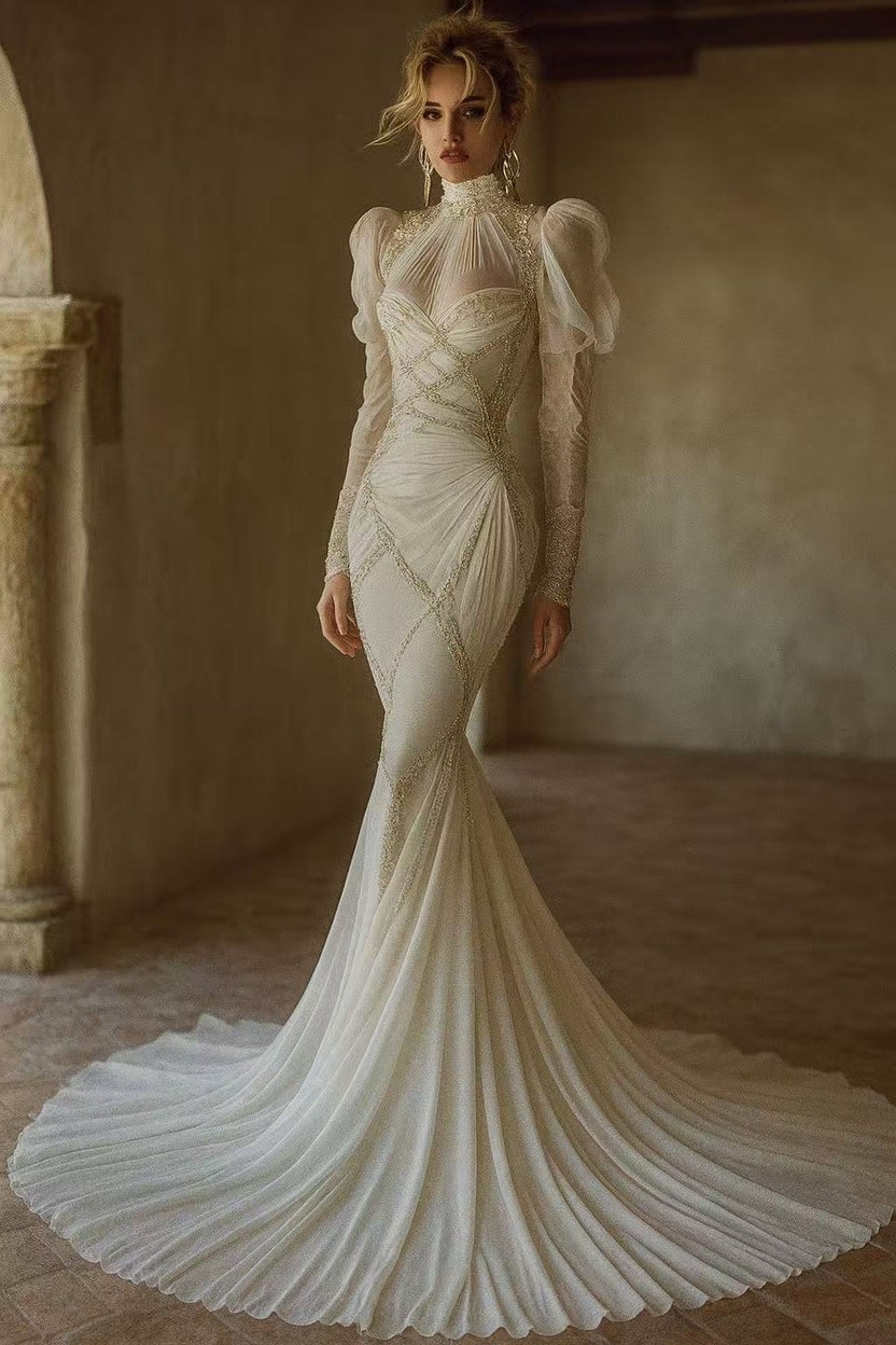 Ivory beaded mermaid wedding gown by muselula — front view