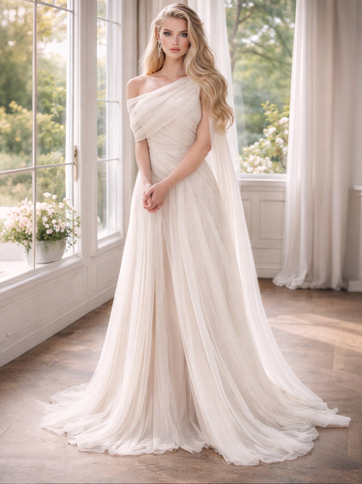 One-Shoulder Draped Tulle Ivory A-Line Wedding Gown (In stock)