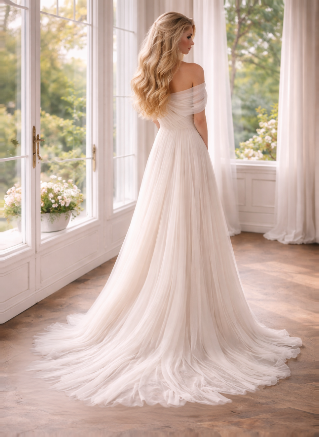 One-Shoulder Draped Tulle Ivory A-Line Wedding Gown (In stock)