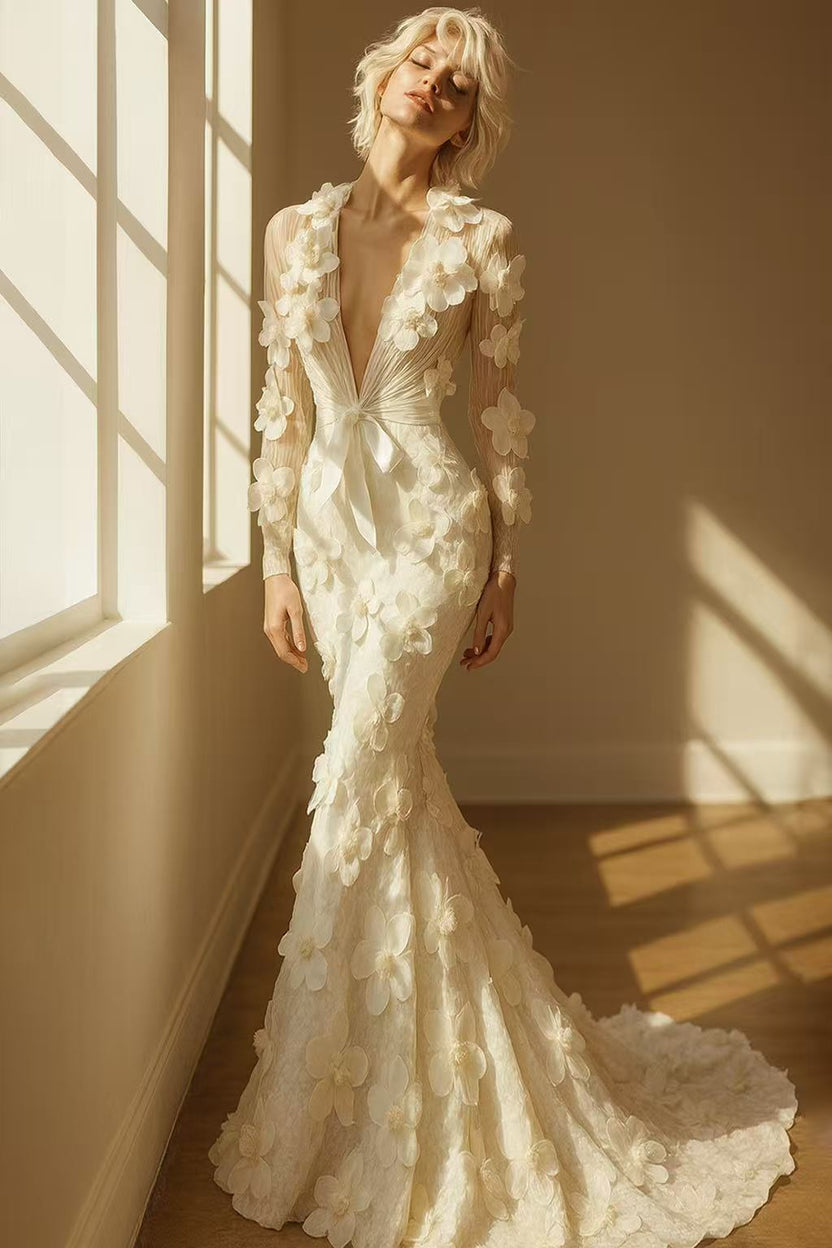 Ivory 3D floral mermaid wedding gown by muselula — front view