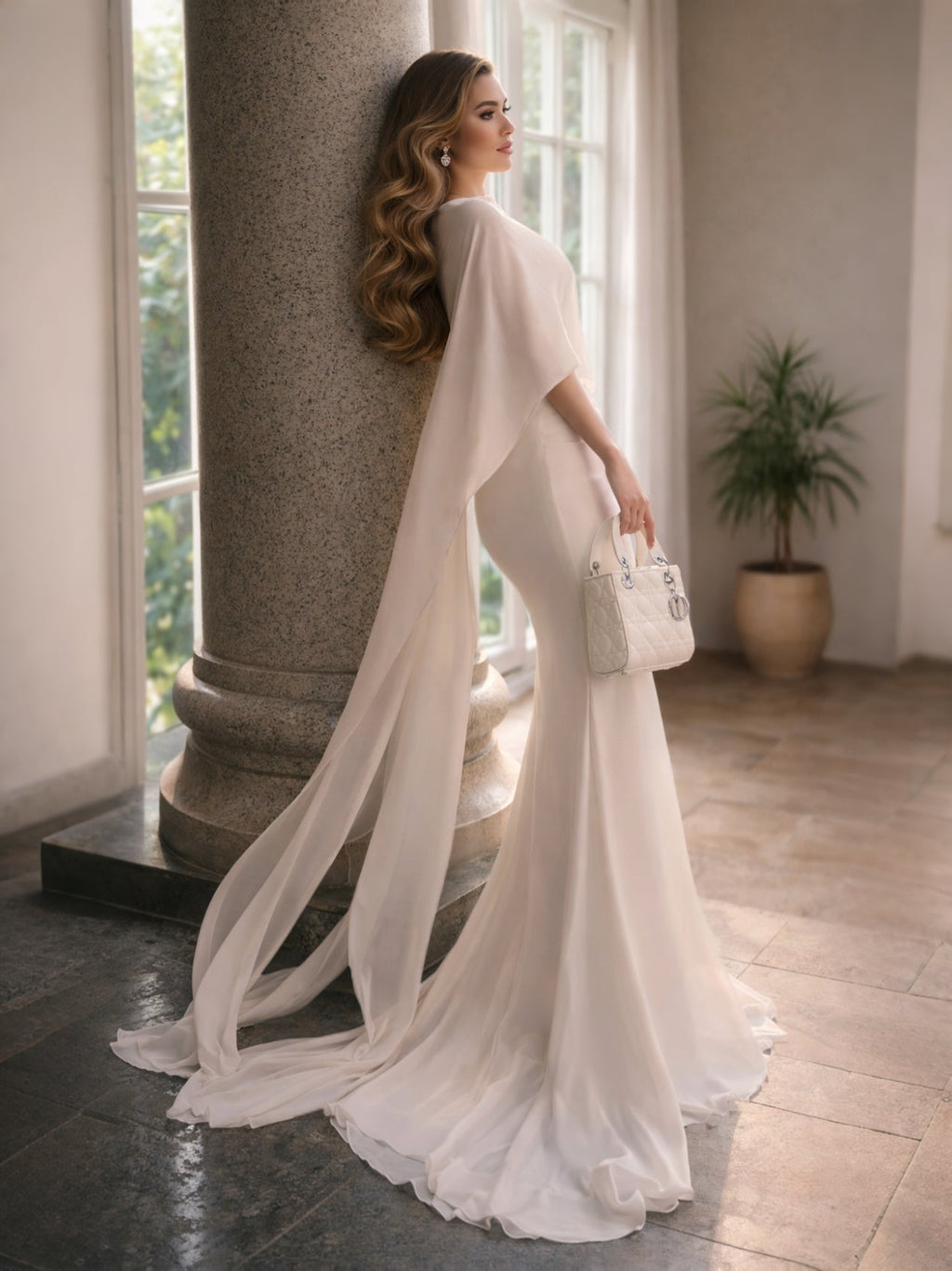One-Shoulder Draped Cape Ivory Mermaid Wedding Gown (In stock)