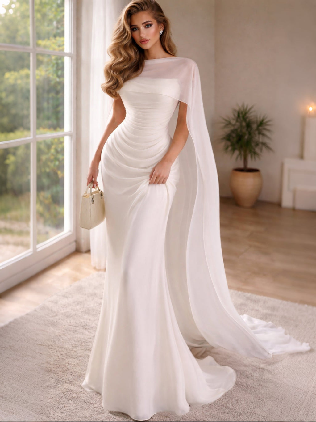 One-Shoulder Draped Cape Ivory Mermaid Wedding Gown (In stock)