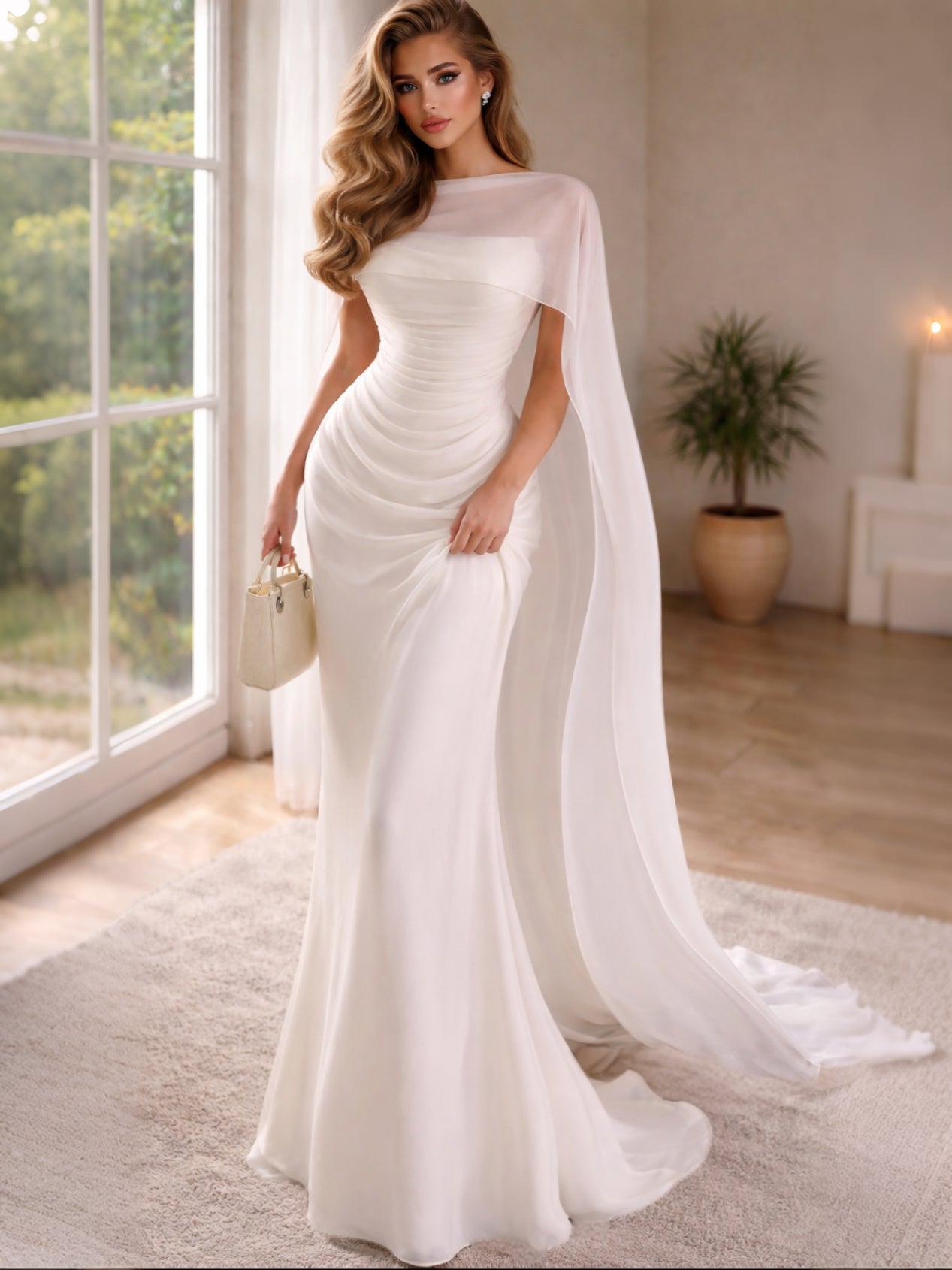 One-Shoulder Draped Cape Ivory Mermaid Wedding Gown (In stock)
