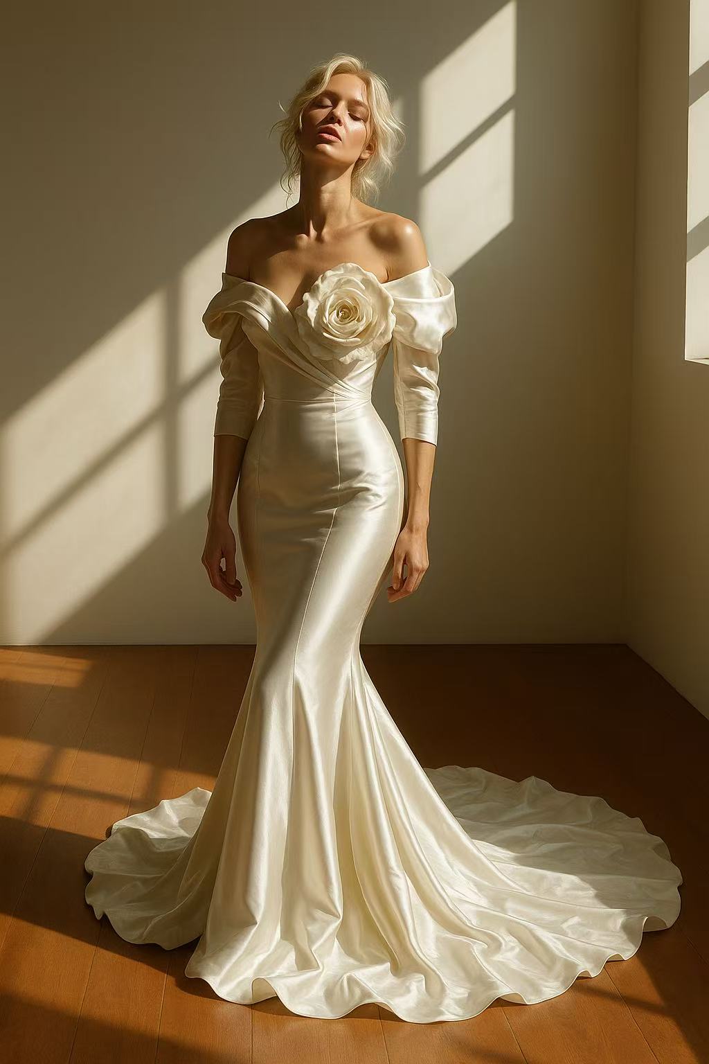 Ivory Bridal Couture Satin Off-Shoulder Mermaid Gown