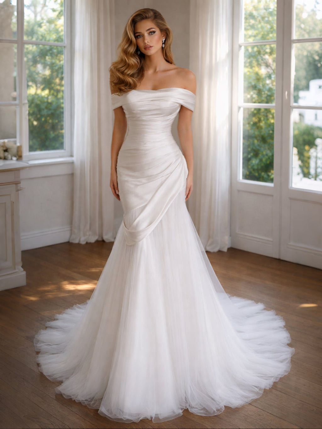 Off-the-Shoulder Satin & Tulle Ivory Mermaid Wedding Gown (In stock)