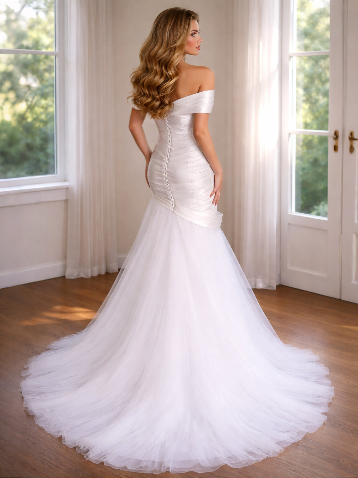 Off-the-Shoulder Satin & Tulle Ivory Mermaid Wedding Gown (In stock)