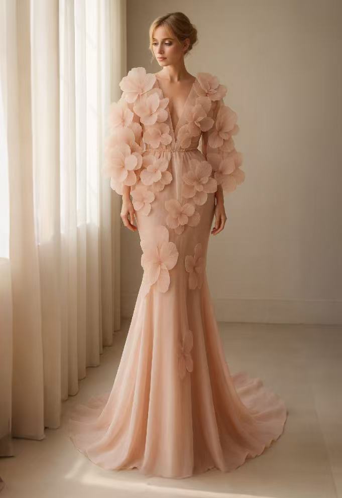Blush Atelier Classics Deep V 3D Floral Tulle Mermaid Gown