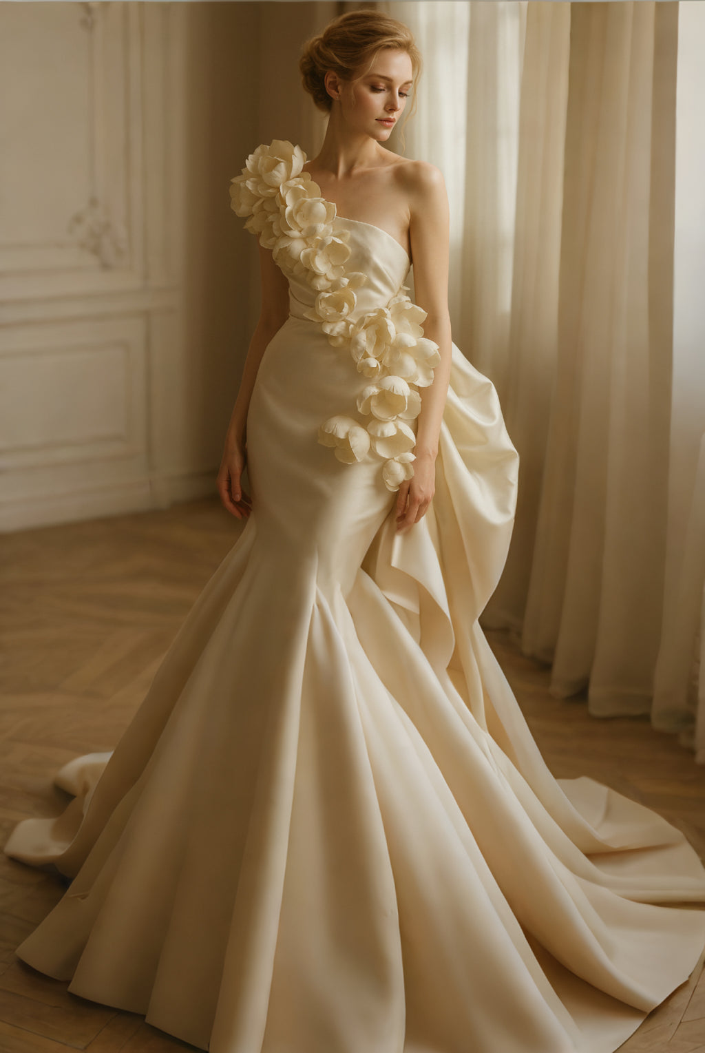 Ivory Bridal Couture One-Shoulder 3D Floral Satin Mermaid Gown