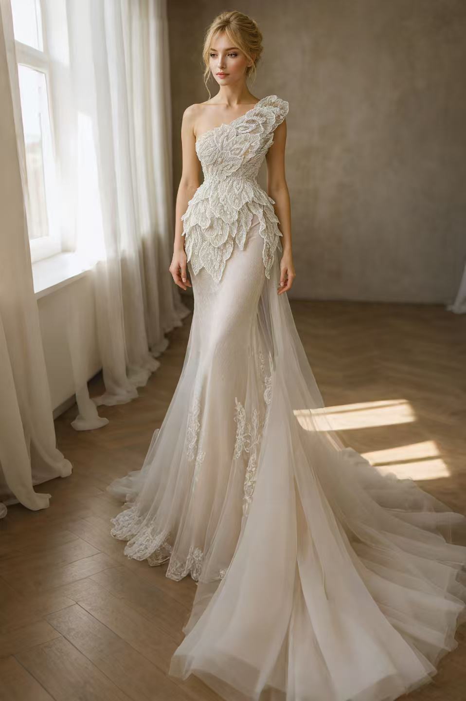 Ivory Bridal Couture One-Shoulder Layered Lace Mermaid Gown