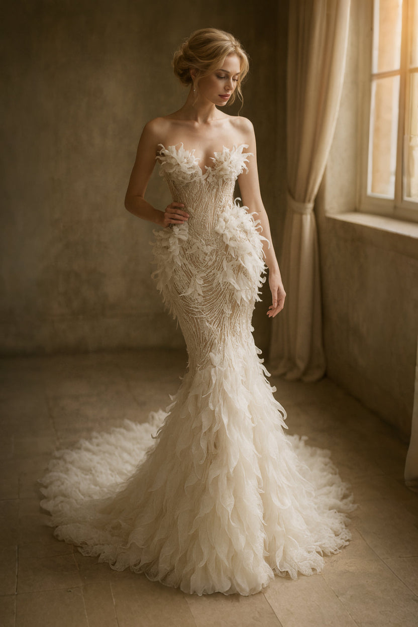 Ivory strapless feather-leaf beaded mermaid gown by muselula — front view